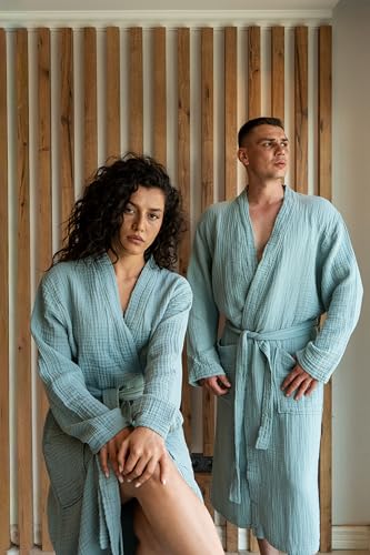 Image of Muslin Unisex Bathrobe Women & Men, 100% Cotton Kimono Lightweight Robe | Long Robes Soft, Absorbent, Spa robes