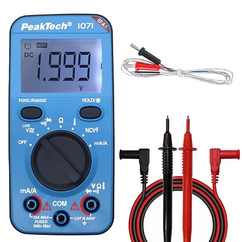 PeakTech, P1071, Multímetro digital 10A AC/DC con función Auto-Range, Multímetro digital de calidad con pantalla LCD de 2.000 recuentos, Amperímetro robusto hasta 600V, CAT III 600V
