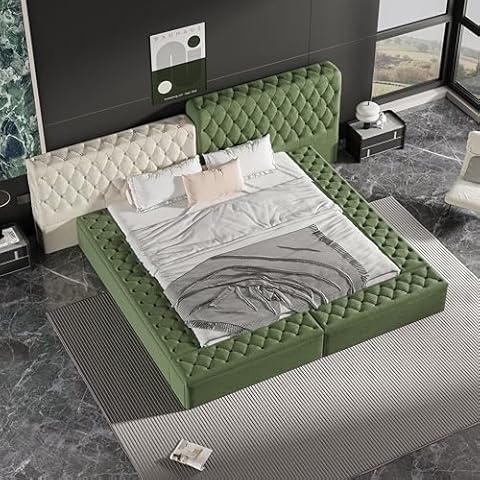 fcfeue King Size Bed Frame with Modern Upholstered Profiled Headboard with Deep Button Tufting and Rail and Footboard Storage Compartment, No Box Spring Required, Green Cover
