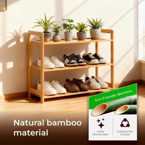 3-Tier Bamboo Shoe Rack for Entryway, Stackable | Foldable | Natural, Shoe Organizer for Hallway Closet, Free Standing Shoes Racks for Indoor Outdoor