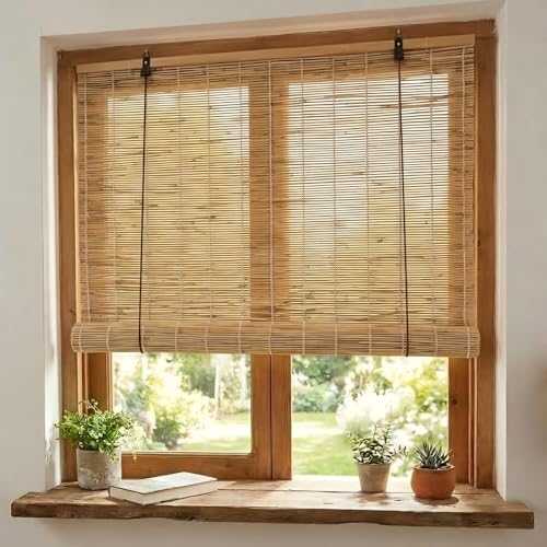 Persianas de Caña Natural, Estor Enrollable de Bambú para Exterior e Interior, Sombra Transpirable para Balcón y Jardín, Decoración Rústica con Ganchos de Fácil Instalación(Hilo Blanco,80W x 80H cm)
