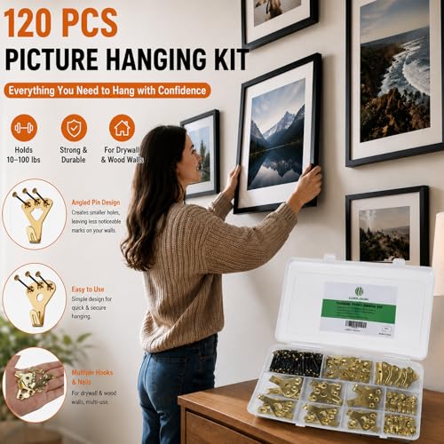 Image of Picture Hanging Kit with Assorted Hooks & Nails, Heavy Duty Picture Hangers for Frames, Wall Art & Mirrors, Picture Frame Hanging Hardware Set with Organizer Storage Case for Home Gallery Wall (125)