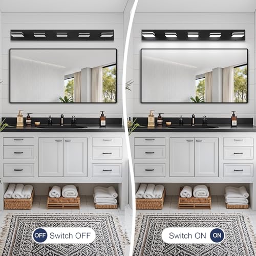 Image of Bathroom Vanity Lighting Fixtures Over Mirror (5-Light, 40-Inch) Dimmable Modern LED Bathroom Wall Lighting Fixtures, Matte Black (3000K /3500K /4000K /5000K /6000K)
