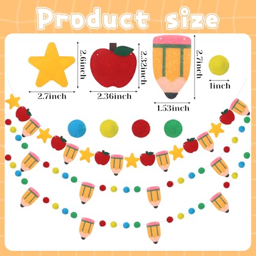 Image of Tatuo 3 Pcs 17.72 ft Back to School Felt Pom Banner Pencil Apple Hanging Banner Welcome Classroom Garland for First Day of School Decoration