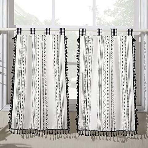 RoomTalks Boho Farmhouse Kitchen Curtains 36 Inches Length 2 Panels Black and White Buffalo Plaid Tab Top Tier Curtains Tasseled Cute Linen Short Curtain for Kitchen Bathroom Bedroom Small Windows Cover