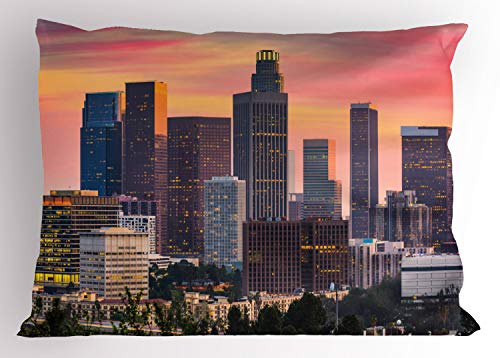 Ambesonne City Pillow Sham, Los Angeles California Skyline with Modern Buildings and an Orange Sky, Decorative Standard King Size Printed Pillowcase, 36" X 20", Multicolor