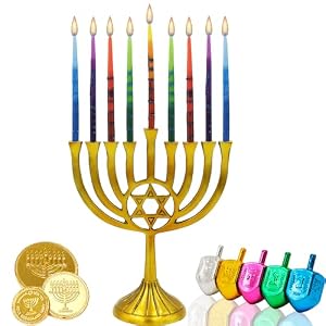 The Dreidel Company Dripless Hanukkah Candles, Multicolored Striped Deluxe Tapered Decorations, Chanukkah Menorah Candles for All 8 Nights of Chanukah (Single-Pack) The Dreidel Company Dripless Hanukkah Candles Multicolored Striped Deluxe Tapered Decorations Chanukkah Menorah Candles for All 8 Nights of Chanukah Single Pack