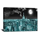 Biuteawal Modern New York City Canvas Wall Art Turquiose Blue Empire State Building Picture Painting...