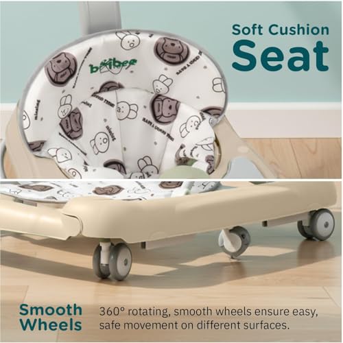 Image of Baybee 3-in-1 Baby Walker for Kids 6 to 18 Months with Rocker Mode, Removable Toy Bar, Adjustable Height, Inbuilt Music, Sunshade & Smooth 360 Wheels | Easy Folding Walker for Boys & Girls (Beige)