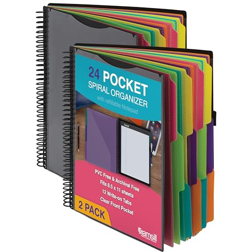 Image of Samsill 2 Pack Deluxe 24 Pocket Spiral Project Organizer with Refillable Notepad, Customizable Front Cover, 12 Dividers with Erasable Write-On Tabs in Fashion Colors, Plastic Folders with Pockets