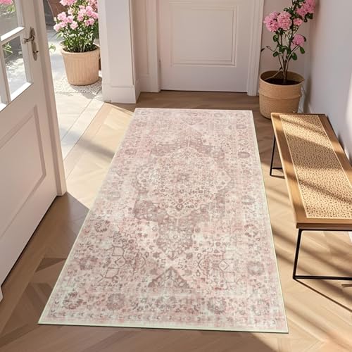 TUKDAK Vintage Runner Rugs for Hallway 80x150cm, Pink Boho Non-Slip Hallway Runner Rug, Washable Low Pile Floor Carpet for Entryway, Hall Carpet for Kitchen Bathroom Bedroom Doorway Laundry