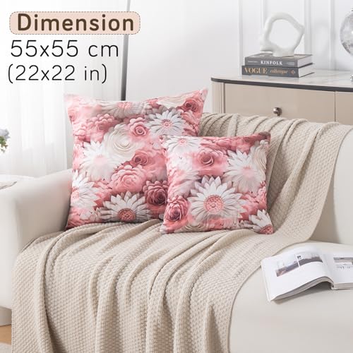 Image of HOKIPO 'Nature Muse 7D' Premium HD Printed Holland Velvet Cushion Cover for Sofa| 22x22 Inch (55x55 cm) | Pack of 2, Blush Bouquet (IN-924-D6*2)