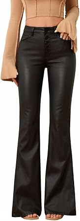 Faux Leather Pants for Women PU Mid Waist Skinny Pant Black Leather Leggings Flare Pants
