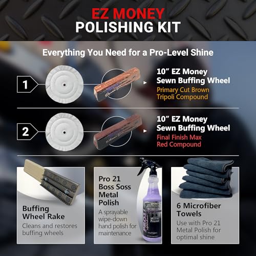 Zephyr - EZ Money Aluminum Polishing Kit - Metal Polishing Kit with Sewn Buffing Wheels, Compounds & Sprayable Metal Polish - Cuts & Colors in 1 Pass