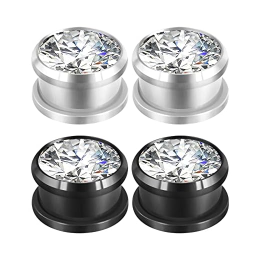 Qmcandy 4 – 12 peças de alargadores de orelha com pedras de zircônia cúbica de aço inoxidável com parafuso de zircônia vazada para orelha, alargadores de orelha 8G-16 mm, Metal, Zircônia cúbica