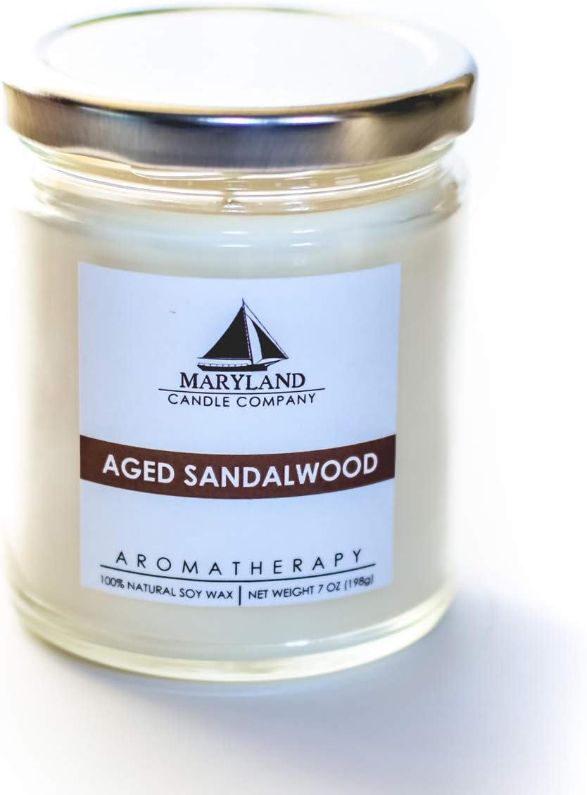 Maryland Candle Company - Aged Sandalwood Candle 7 oz, All Natural Soy Wax, Infused with Essential Oils, Aromatherapy, Recyclable Materials, Cotton Wicks, Phthalate Free - Made in USA