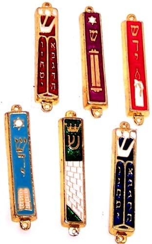 Holylandmarket - Judaica A Set Of 6 Gold Plated Mezuzahs With Different Enameled Themes. Each Is About 3 Inches.