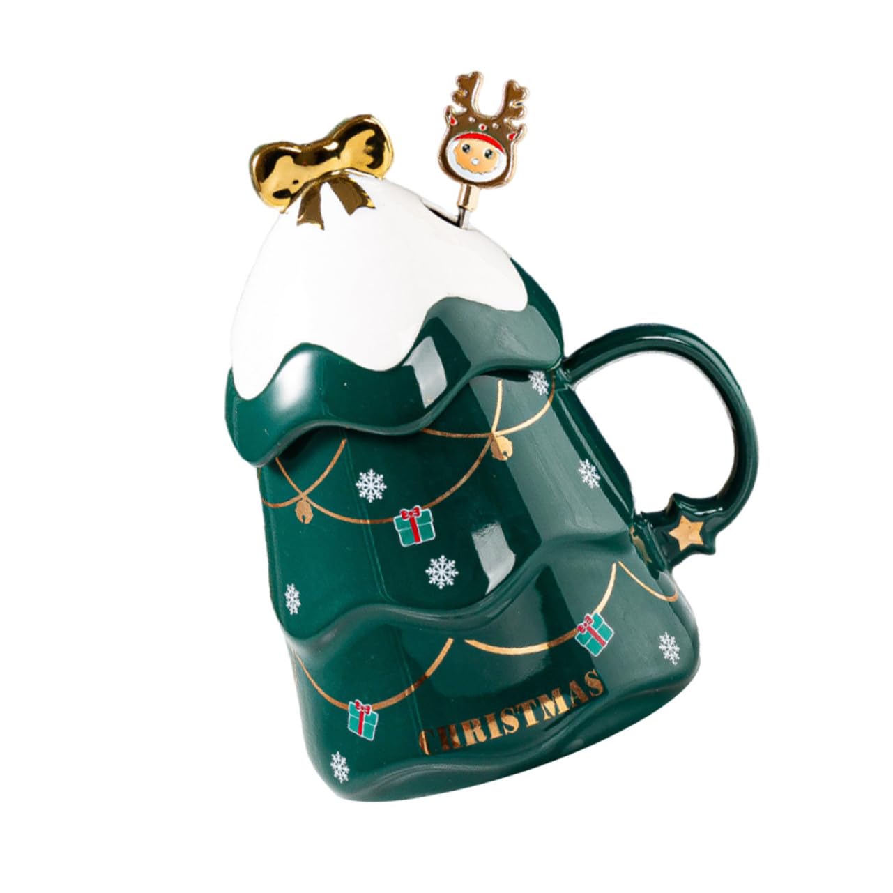 Taza de Cerámica Creativa Forma de Árbol de Navidad, Capacidad 500ml, Tapa y Cuchara para Café en Casa u Oficina