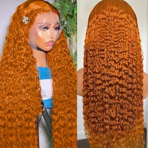Image of Nsvnsv Ginger Wig Human Hair 13x4 deep wave Ginger Orange Lace Front Wigs Human Hair HD Transparent Lace Frontal 350 Colored Human Wig Pre Plucked 180% Density 24inch