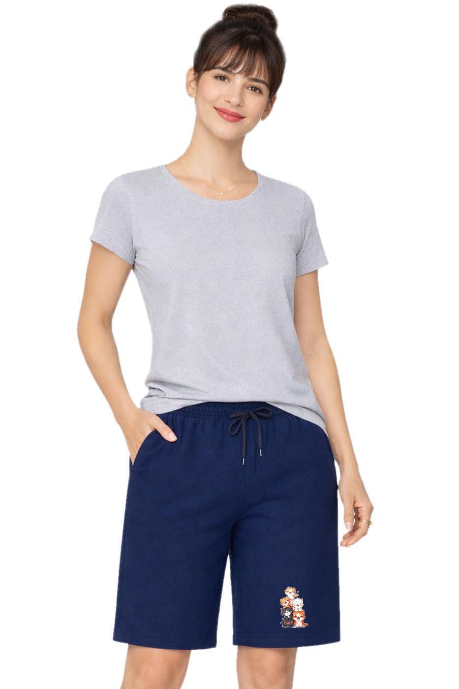 Regular Shorts for Women 5 Cats Printed Knee Length Casual Shorts-image-17