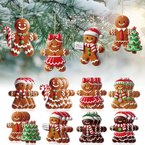 16Pcs Christmas Decorations, Gingerbread House Ornaments, Festive Tree Hanging Decor for Holiday Party, Classroom and Office, Family Activity (12pcs (red K)