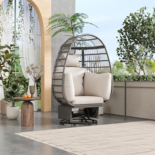 TREXM Outdoor Swivel Chair with Cushions, Rattan Egg Patio Chair with Rocking Function for Balcony, Poolside and Garden (Grey Wicker + Beige Cushion)