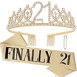 CAVETEE Gold Finally 21 Birthday Sash and Crown for Women 21st Birthday Tiaras and Sash Set for Women Birthday Decorations Gold Birthday Queen Crowns Tiaras for Women