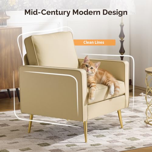 Image of VINGLI PU Leather Accent Chairs Set of 2, Mid-Century Modern Living Room Chairs with Removable Cushions, Gold Legs, Upholstered Sofa Armchair for Bedroom, Office, Apartment, Play Room