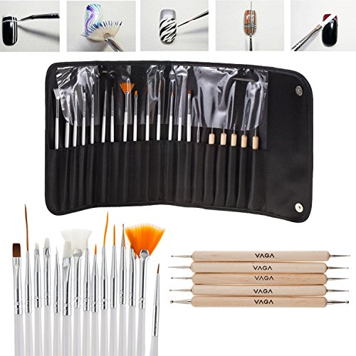 Professional Nail Art Designs Set of 15pcs Different Nails Brushes/Stripers/Liners With White Handles In PU Storage Case And 5 Wooden Double Ended Nailart Dotters/Dotting Tools By VAGA