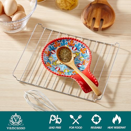 Image of vancasso 7.7 Inch Ceramic Spoon Rest, Bohemian Stove Top, Red | Holds Spoons, Spatulas, Ladles, and Tongs, Bohemian Design, Stove Top and Countertop, Dishwasher and Microwave Safe Ceramic
