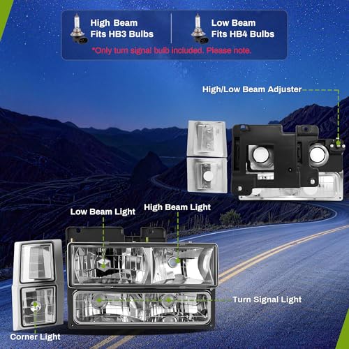 AUTOSAVER88 Headlight Assembly Compatible with 1994-1999 Chevy C/K Series C1500 C2500 C3500 K1500 K2500 K3500 Tahoe Suburban Silverado Crystal Headlamp w/Corner and Bumper Light Chrome Housing by AUTOSAVER88 - Image 5