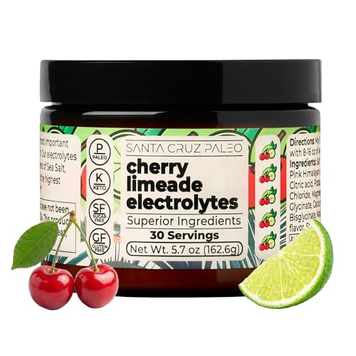 Santa Cruz Paleo Electrolyte Powder Cherry Limeade Sugar Free Hydration Drink Mix with Himalayan Pink Salt Sea Salt Magnesium Glycinate Potassium Chloride Sweetened with Stevia 30 Servings