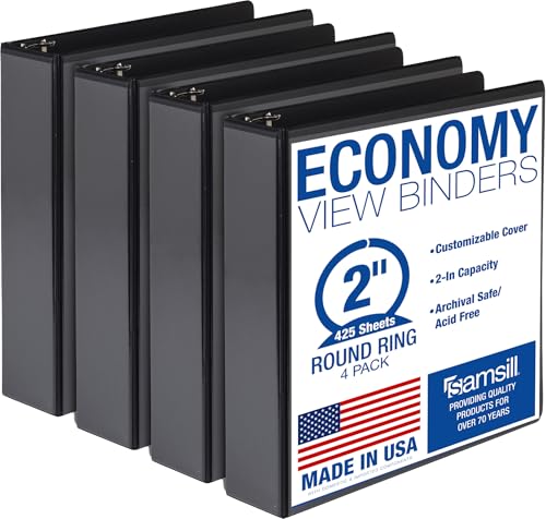 Samsill 2 Inch 3 Ring Binders Economy Round Ring Clear View Cover 425 Sheet Capacity - for School Home Office - Black 4 Pack