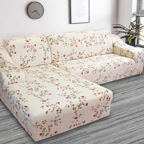 Image of House of Quirk Universal Sectional Sofa Covers L - Shape Couch Slipcover 2pcs Stretch Elastic L-Type Chaise Sofa Couch Furniture Protector (Beige Tulip)