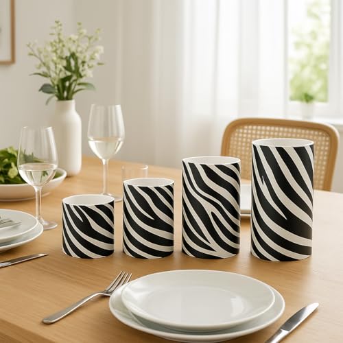 Image of 4Pcs Zebra-Stripe Printed Flameless Candles with Timer Remote | Animal Lover,Black and White Decor,Animal Theme Party Home zebra Decor