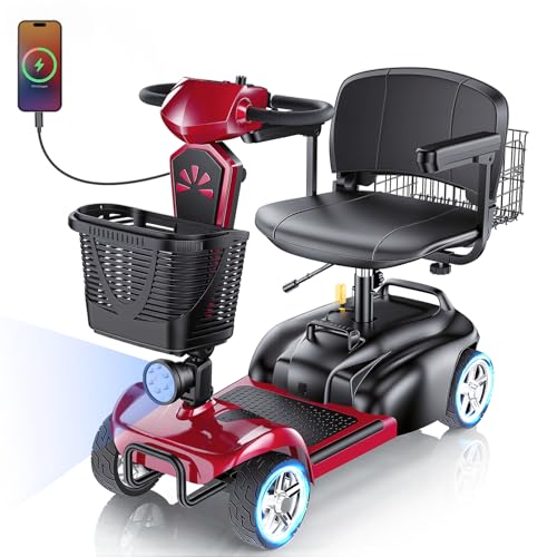 15/25/30/50Miles Eldryvon 4 Wheels Electric Mobility Scooter for Seniors, Dual Basket, 350W Powered Wheelchair with Rotating Seat, Foldable Motorized Scooter for Adults (Red, 25Miles)