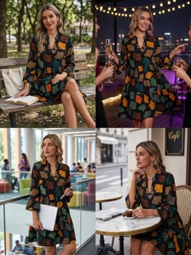 Image of Leriya Fashion Women Women's Floral Printed V-Neck Long Sleeve Fit & Flare Mini Dress - Casual Western One Piece Dress