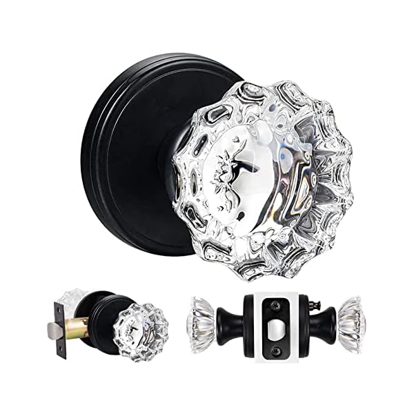 SHINY HANDLES Vintage Glass Door Knobs Interior, Clear Crystal Door Knobs with Lock, Privacy Function for Bedroom and Bathroom (Matte Black,1Pack)