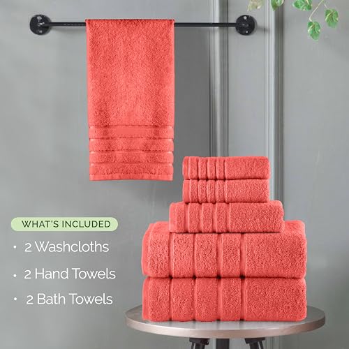 Image of Elegant Comfort 4 Lines Viscose Stripe 6-Piece Premium Towel Set - 100% Turkish Cotton High Absorbent Luxury Bathroom Towels - Includes 2 Washcloths, 2 Hand Towels and 2 Bath Towels Set, Coral