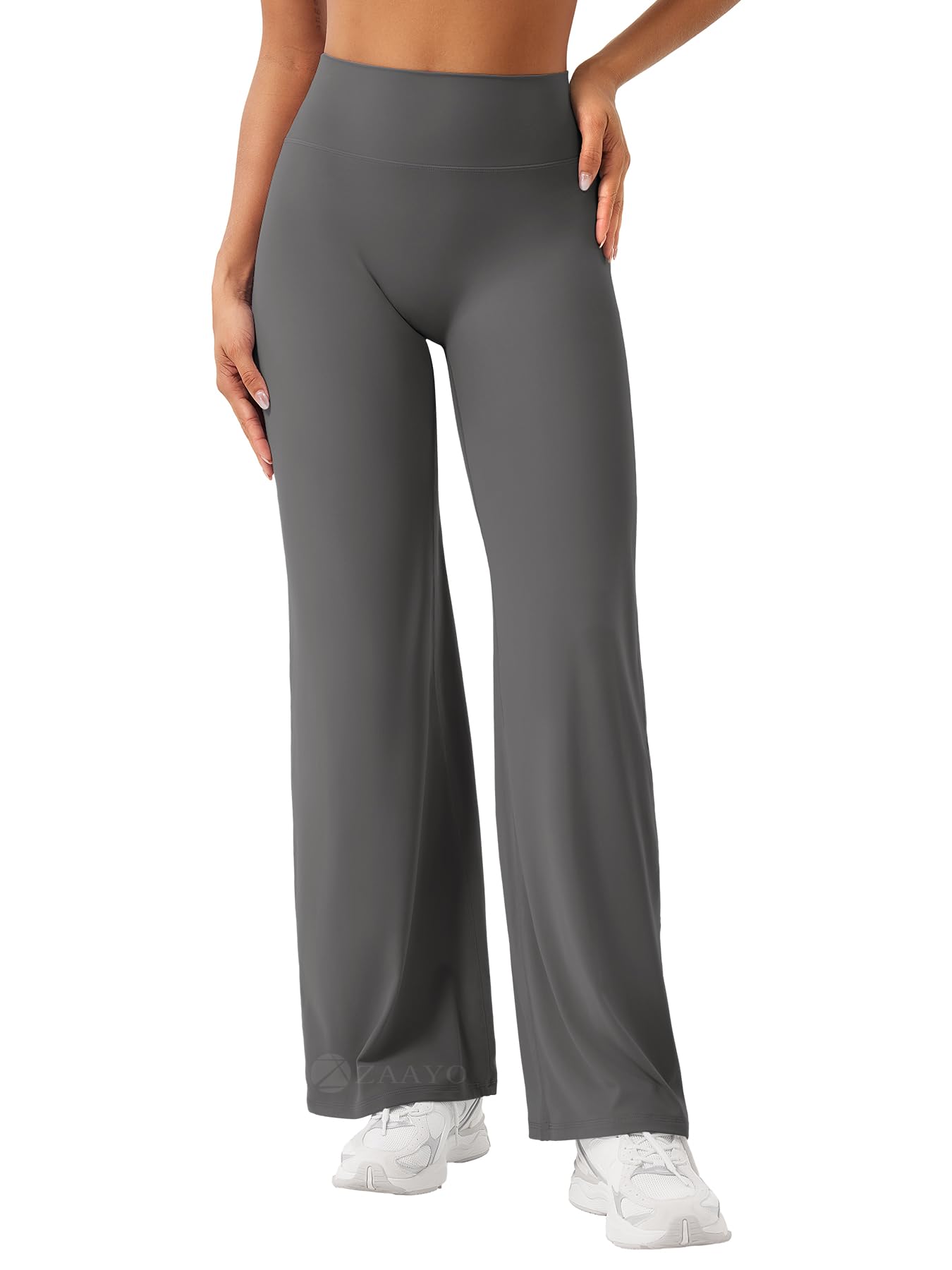 ZAAYO Nahtlose Straight Leggings Damen Hohe Taille Flared Leggings Yoga Hosen Sport Yoga Legging Damen 35" Gym Yoga Pants Schlaghose Dunkelgrau M Extra Lang