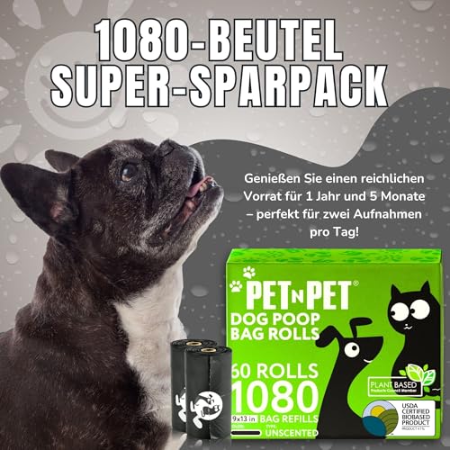 PET N PET Hundekotbeutel und Abfallbeutel USDA-zertifiziert 41% biobasierte Kotbeutel für Hunde 1080 Anzahl 60 Rollen 9x13 Zoll Hundekotbeutel, unparfümierte Kotbeutel