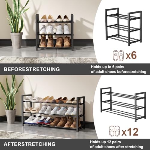 3-Tier Expandable Shoe Rack, Adjustable Shoe Shelf Storage Organizer Heavy Duty Metal Free Standing Shoe Rack for Entryway Closet Doorway (Black) - Image 5