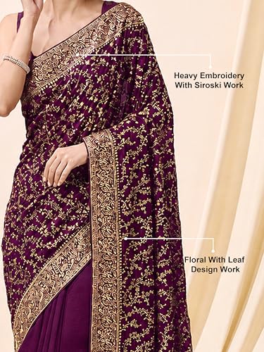 Image of TRENDMALLS Women's Vichitra Silk Heavy Embroidery With Siroski Stone Work Saree with Unstitch Blouse Piece For Women
