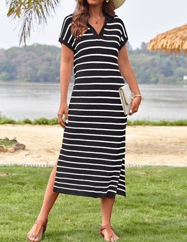 ZESICA Women's Summer Striped Midi Dress 2025 Casual Short Sleeve V Neck Loose Knitted Side Slit Long Sweater Dresses4
