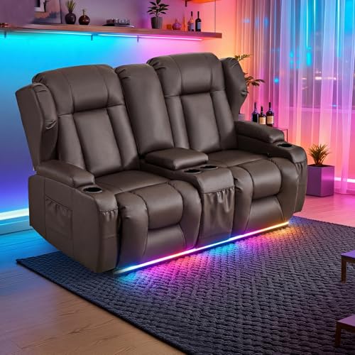 Image of SAMERY 65.5 inch Loveseat Recliner Sofa | Double Recliner Sofa & Console | Wall Hugger Loveseat Reclining RV Theater Seats | RV Couch Home Theater Seating Furniture (Faux Leather Brown)