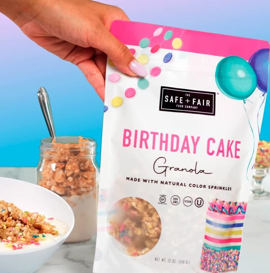 Image of The Safe + Fair Food Company Birthday Cake Granola - 12oz, 6 Pack | Gluten-free, vegan & plant-based snack with natural sprinkles, 0g trans fat, non-GMO, kosher, allergen-free, whole grain