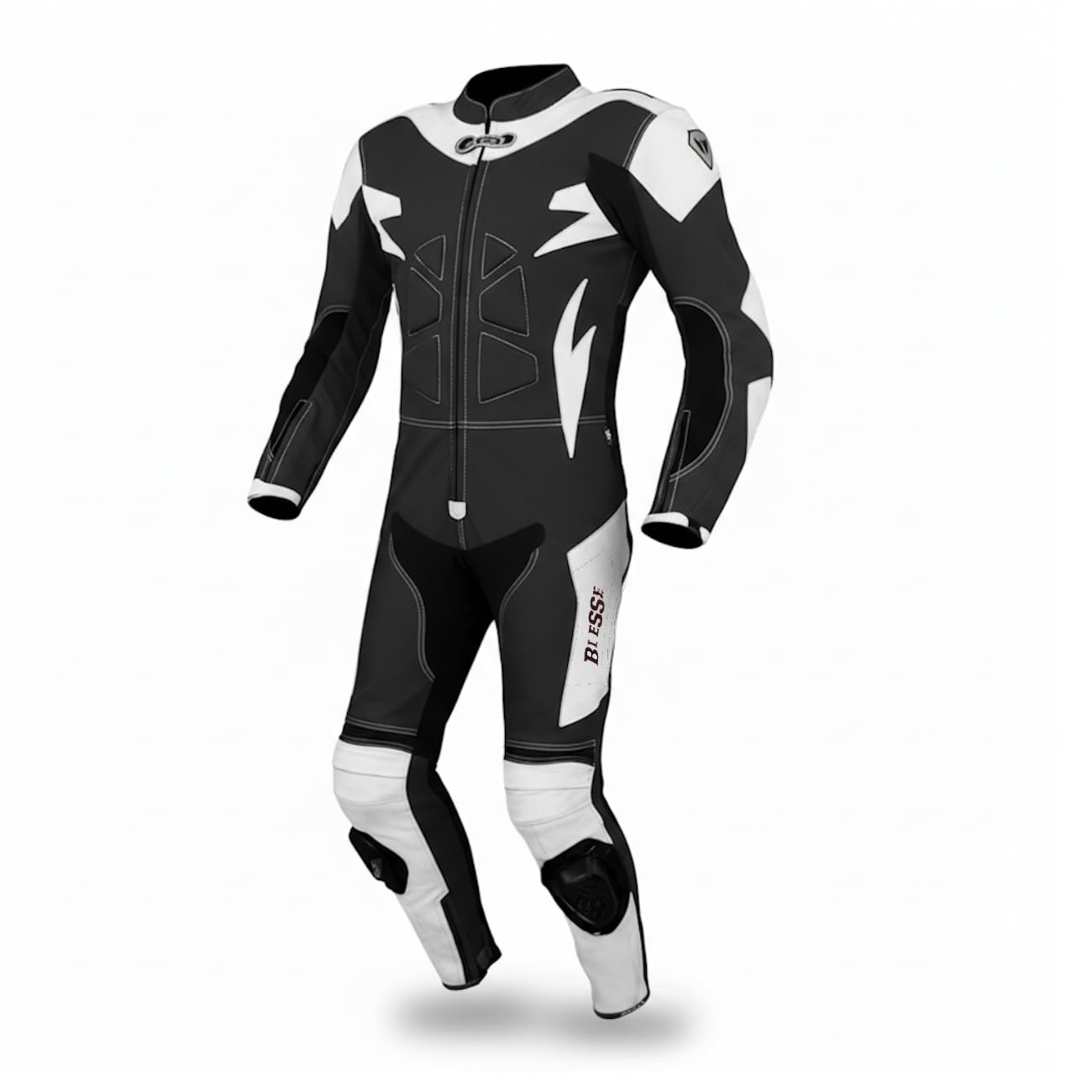BI ESSE - Einteiliger Motorradanzug aus Leder und Stoff, ideal für Straße, lange Reisen, Touren, Pitbikes, komplett mit Buckel und zertifiziertem starren Schutz (Weiß/Schwarz, XXL)
