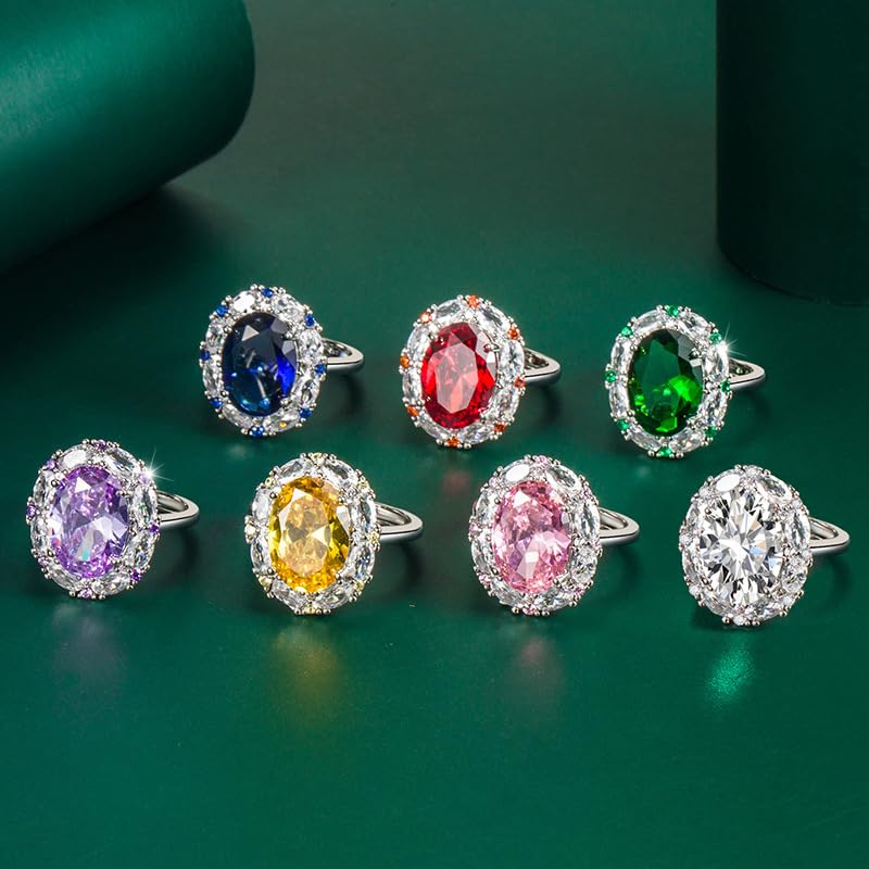 FLYYQMIAO Oval Gemstone Cut Birthstone Sapphire Halo Engagement Rings for Women Anniversary 925 Sterling Silver Crystal Cubic Zirconia CZ Wedding Band Promise Adjustable Open Rings for Her（White）4