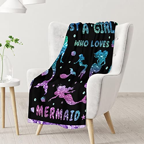 Mercuryelf Mermaid Throw Blanket - Soft, Fuzzy & Warm - 60x80 Inches Flannel Blankets for Bed, Couch - Black Cute Throws Gift for Adults