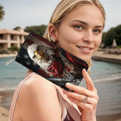 Image of RFID Blocking Leather Wallet for Women - Large Capacity Zip Around Clutch with 8 Card Slots,10 Cash Pockets & Coin Zipper,Bald Eagle Warrior
